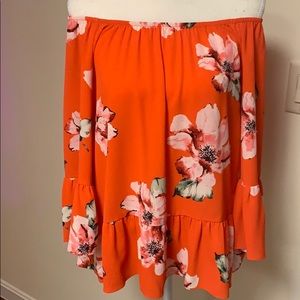 Off the shoulder coral & floral blouse